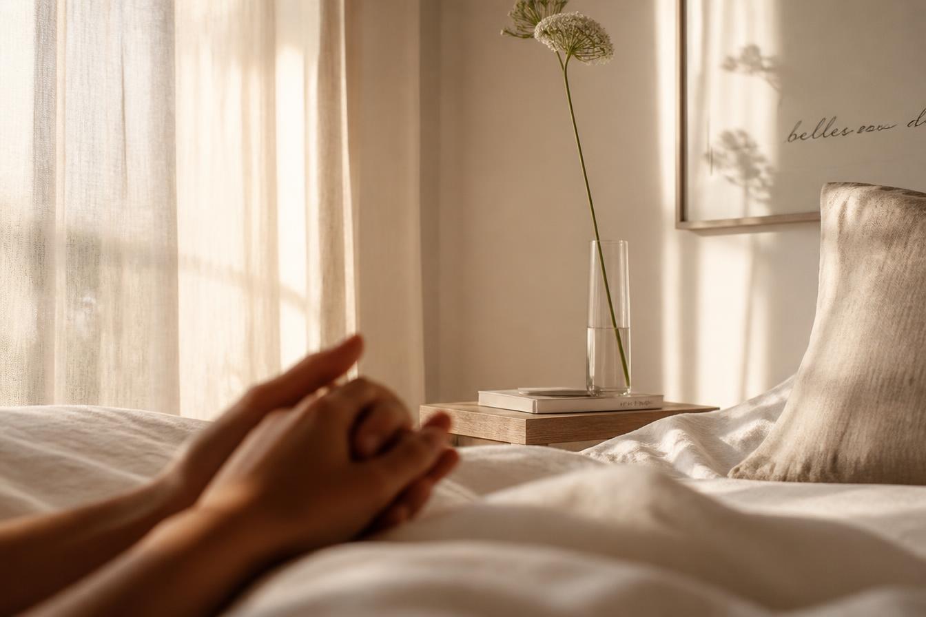 Ett par håller händer i mjukt morgonljus